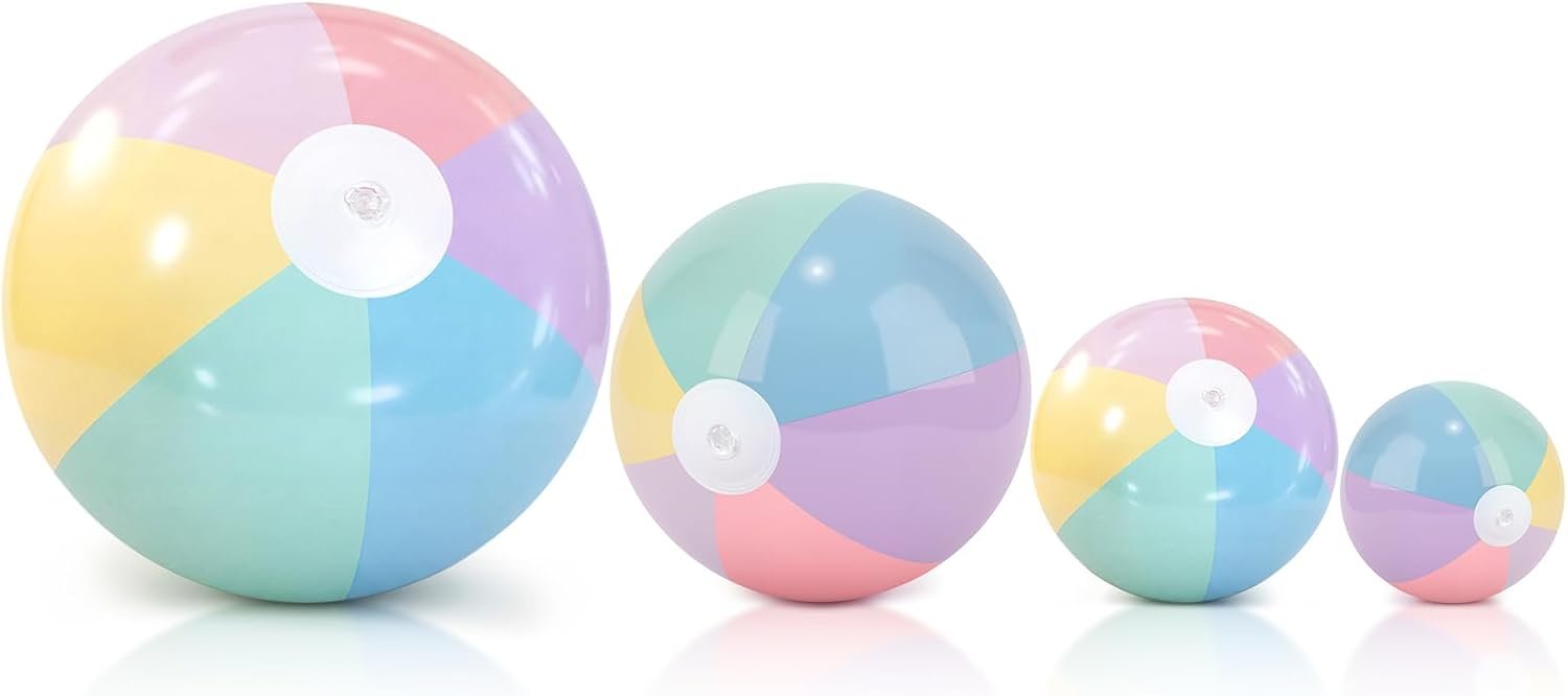 4 Pack Beach Balls in 4 Sizes (24" 16" 12" 8"), Inflatable Pastel Pool Balls for Kids Adults, Summer Beach Party Hawaiian Birthday Party Supplies, Water Toys Gifts(Macarons)
