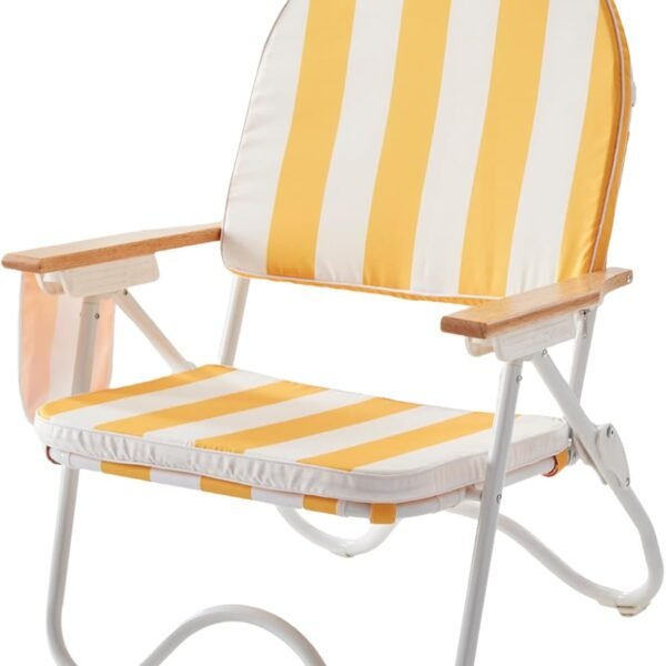 Padded Low Beach Chair, 4-Position Folding Outdoor Chair with Wooden Armrests, Cushioned Seat, Storage Pouch & Carry Strap for Beach, Patio and Lawn