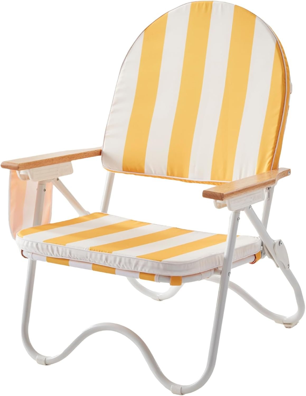 Padded Low Beach Chair, 4-Position Folding Outdoor Chair with Wooden Armrests, Cushioned Seat, Storage Pouch & Carry Strap for Beach, Patio and Lawn