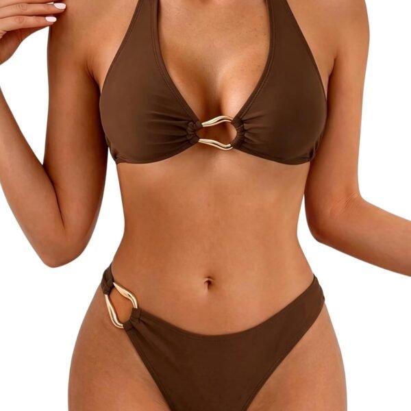 Women's Halter V Neck Bikini Sets Ring Linked Two Piece Swimsuit Cheeky Swim Bathing Suit