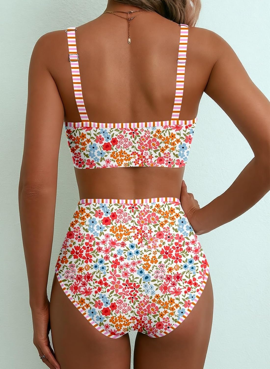 Women's 2 Piece Floral Print Bikini Sets V Neck Stitch Swimsuits High Waisted Bathing Suit Beach Summer Swimwear - Image 2