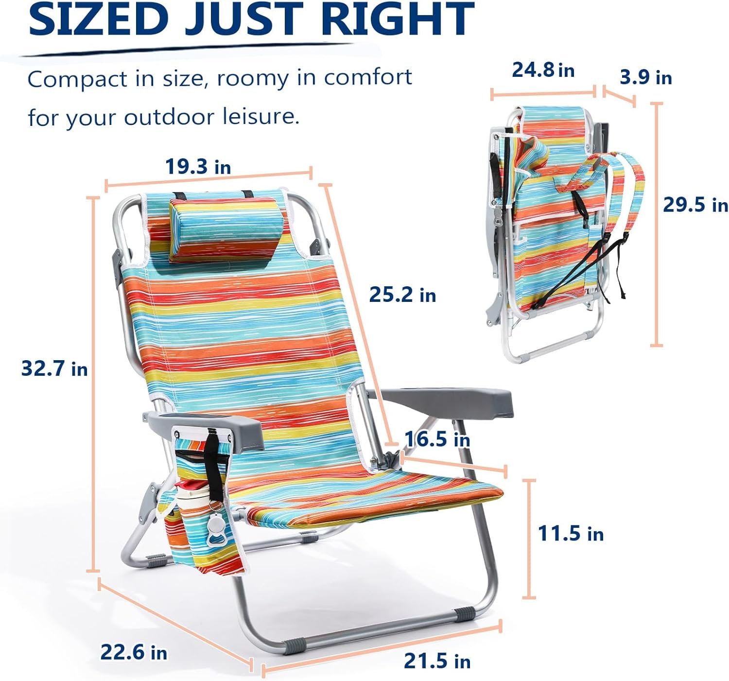 Backpack Beach Chairs for Adults 2 Pack Portable, Lay Flat Reclining Beach Chairs with 5 Positions, Tall Heavy Duty Folding Chair with Cup Holder, Cooler Pouch, Towel Bar, Multicolor Stripe - Image 2
