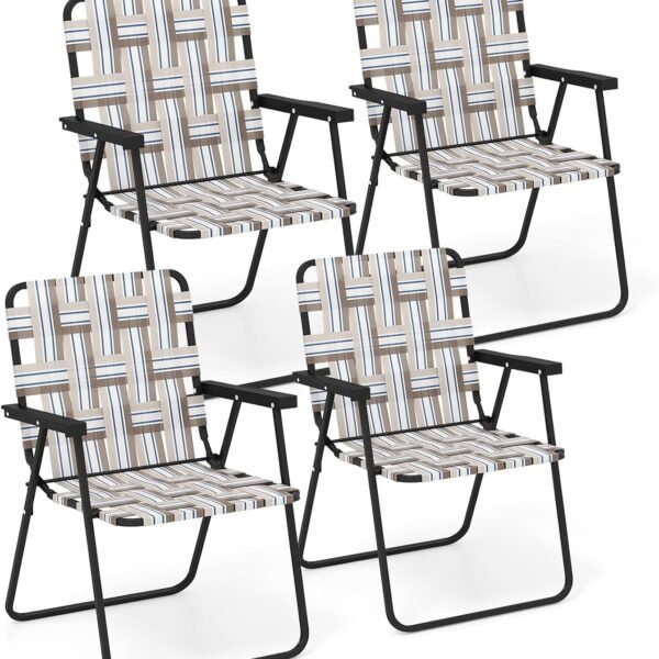 Beach Chairs for Adults 4-Pack - Camping Chair with Steel Frame, Lightweight Folding Directors Chair, Outdoor Webbing Chair for Patio, Fishing, Yard, Poolside Lawn Chairs Set of 4 (Khaki)