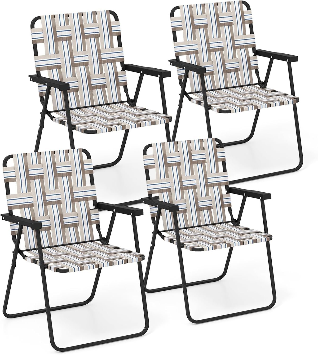 Beach Chairs for Adults 4-Pack - Camping Chair with Steel Frame, Lightweight Folding Directors Chair, Outdoor Webbing Chair for Patio, Fishing, Yard, Poolside Lawn Chairs Set of 4 (Khaki)