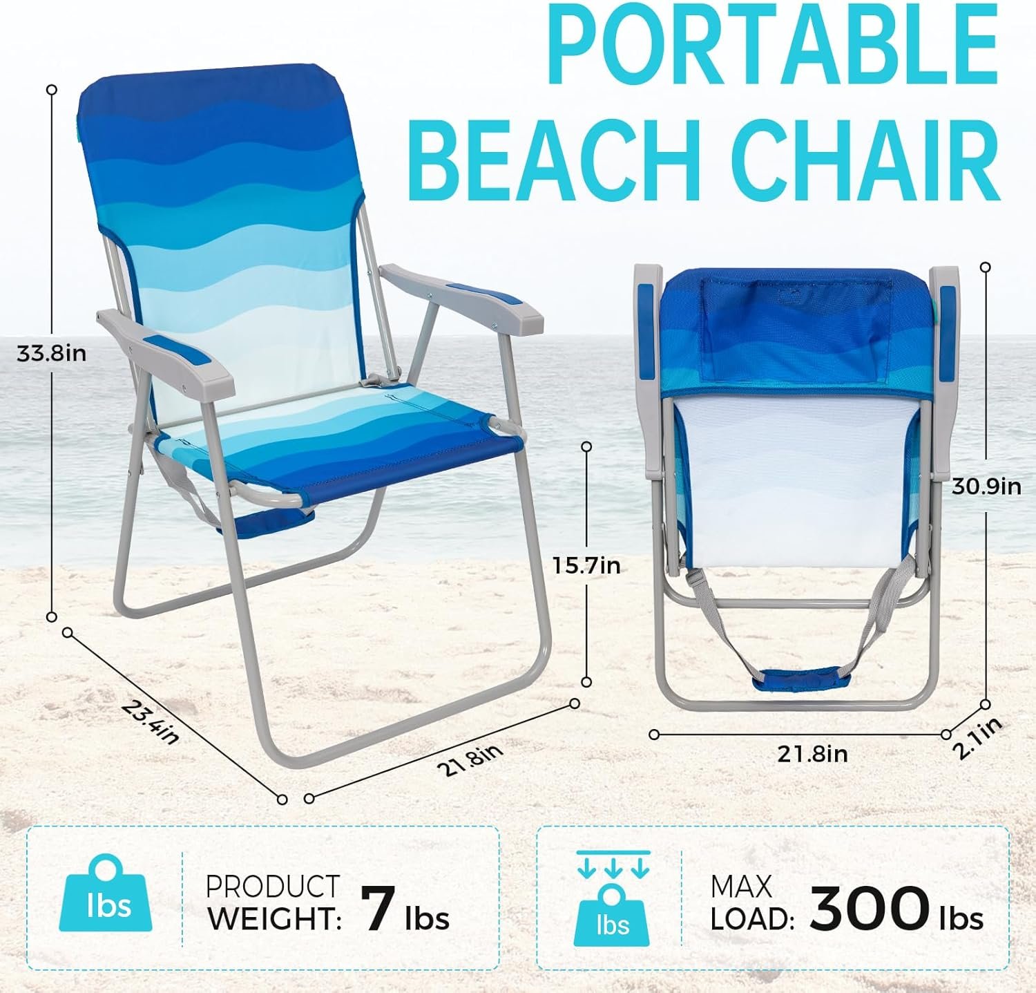 Folding Beach Chair for Adults, Lightweight Beach Chair with Shoulder Straps, High Back Camping Chairs with Hard Armrest, Supports 300lbs for Outdoor Lawn Concert - Image 2