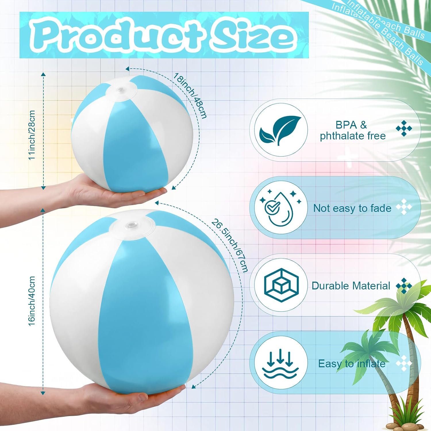 5 Pcs Inflatable Beach Balls 24 & 16 Inch Pastel PVC Large Beach Balls Bulk Blow up Pool Water Game Toy for Kid Adult Birthday Summer Pool Party Favors Decorations (Blue) - Image 2