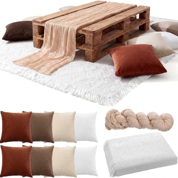 10 Pcs 71''x102'' Extra Large White Outdoor Boho Picnic Blanket with Table Runner and 8 Throw Pillow Covers Oversized Washable Portable Beach Blanket for Picnic Camp Lawn Wedding