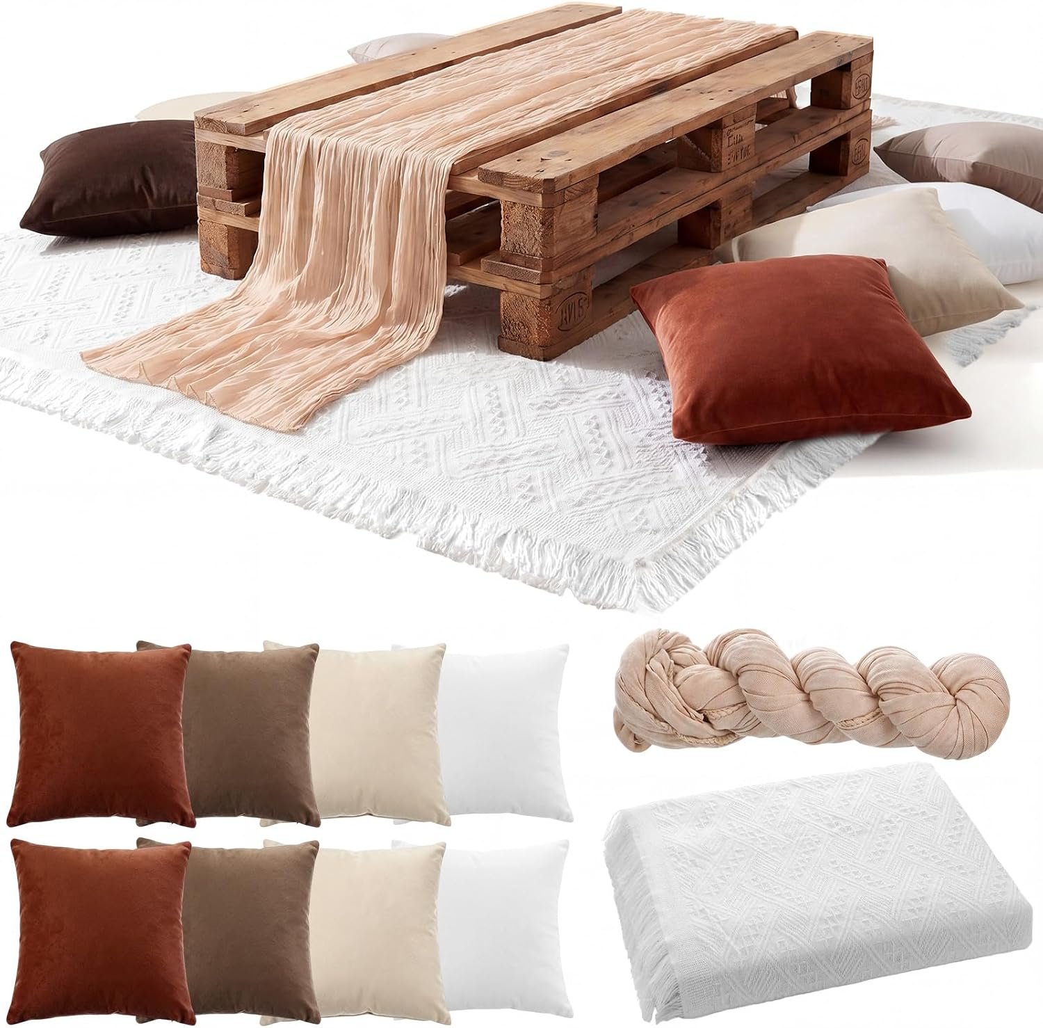10 Pcs 71''x102'' Extra Large White Outdoor Boho Picnic Blanket with Table Runner and 8 Throw Pillow Covers Oversized Washable Portable Beach Blanket for Picnic Camp Lawn Wedding