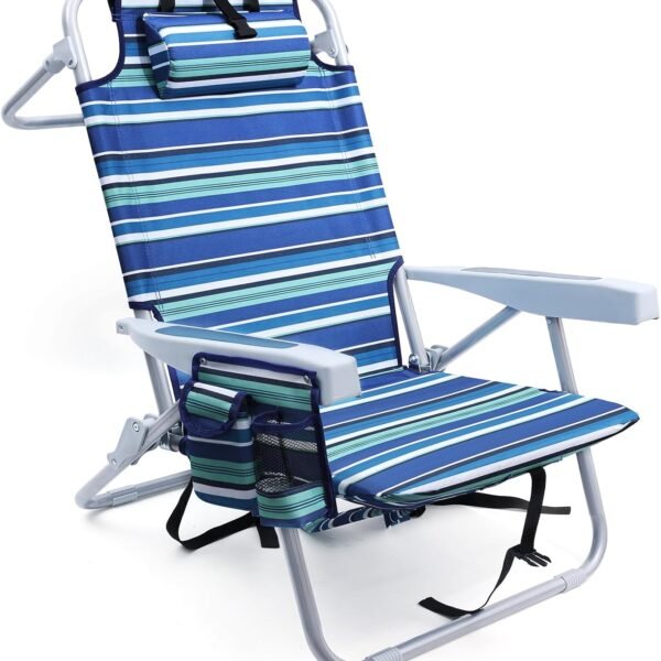 Beach Chairs for Adults Heavy Duty, Compact Portable Lay Flat Folding Chair with Backpack Straps and Large Cooler Pouch, Support to 350LBS (Stripes_Blue&Cyan)