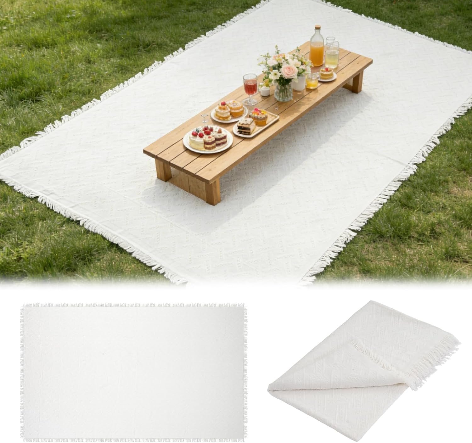 Extra Large Outdoor Picnic Blanket 118" x 71" Oversize Woven Cotton Yarn Beach Blanket with Fringe, Machine Washable Portable Blanket for Camping, Beach, Park, Fits 6 to 9 Adults (White)