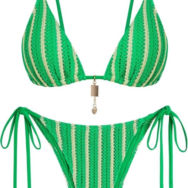 Crochet Bikini Sets for Women Cheeky Boho Bathing Suits Striped High Cut Thong Bikini Swimsuit for Vacation