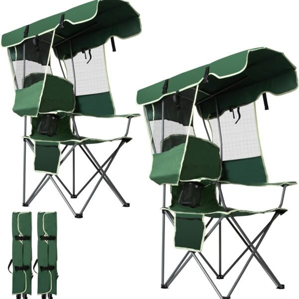 Folding Canopy Beach Camping Chairs for Adult 2 Pack, Portable Outdoor Chairs with Sunshade,Cup Holder & Side Pocket for Camping, Fishing, Beach, Backyard, Green