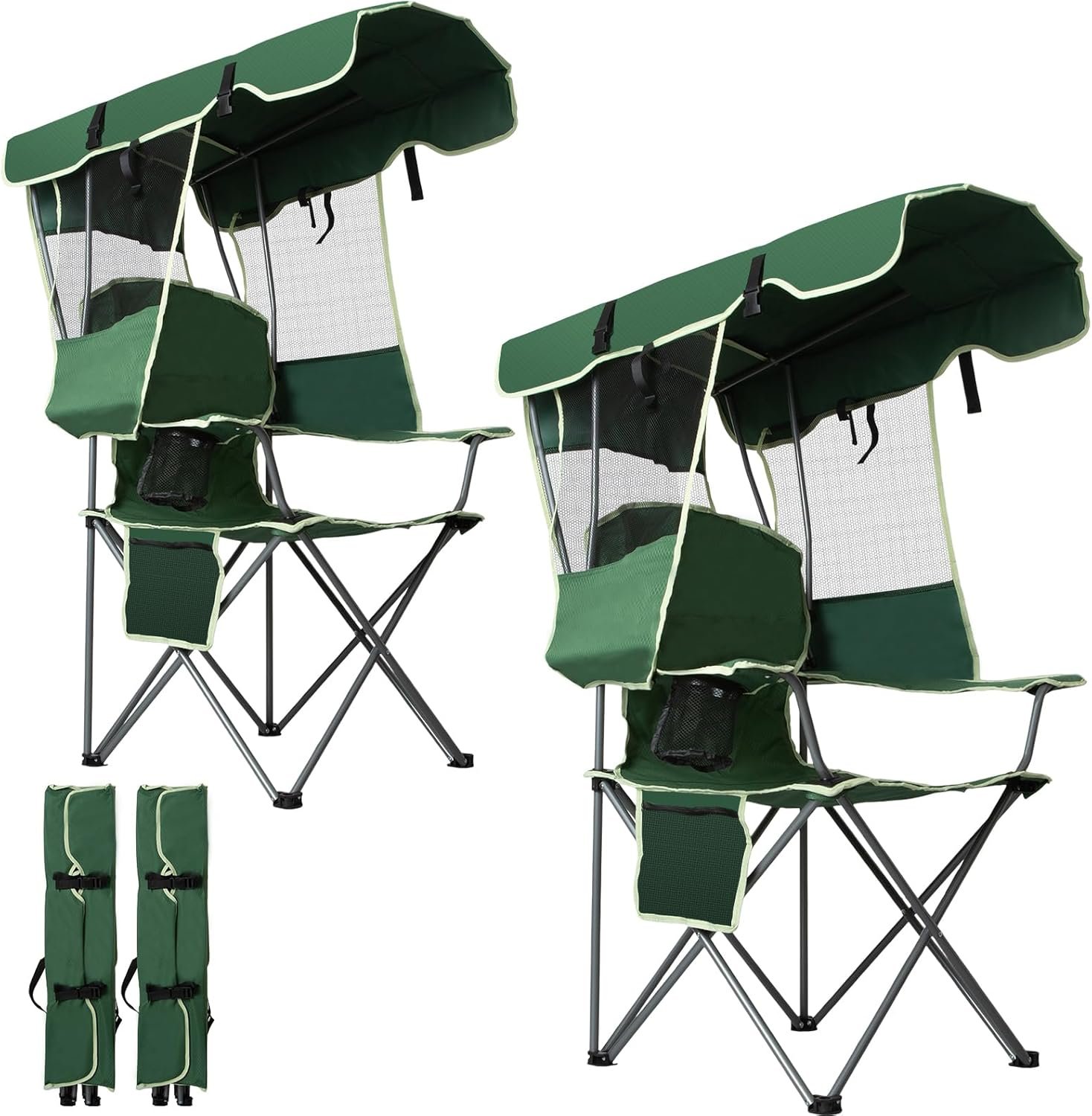 Folding Canopy Beach Camping Chairs for Adult 2 Pack, Portable Outdoor Chairs with Sunshade,Cup Holder & Side Pocket for Camping, Fishing, Beach, Backyard, Green