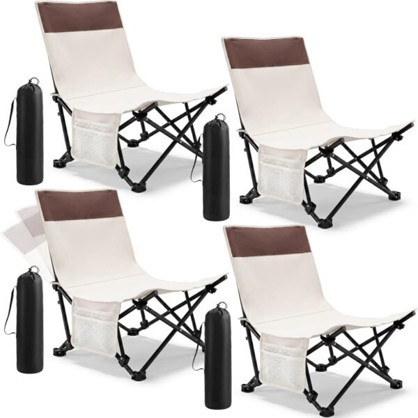 4 Pack Low Profile Beach Chairs with 3 Position Adjustable Back 300lb for Adult, Folding Lightweight Reclining Camping Chair with Storage Bag Compact Camp Lounge for Concert Lawn Picnic Travel