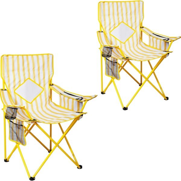 2 Pack Outdoor Camping Chairs Folding/Foldable/Portable with Cooler Pouch, Mesh Backrest and Cup Holder Pocket(Yellow, Metal, 2 Pack)