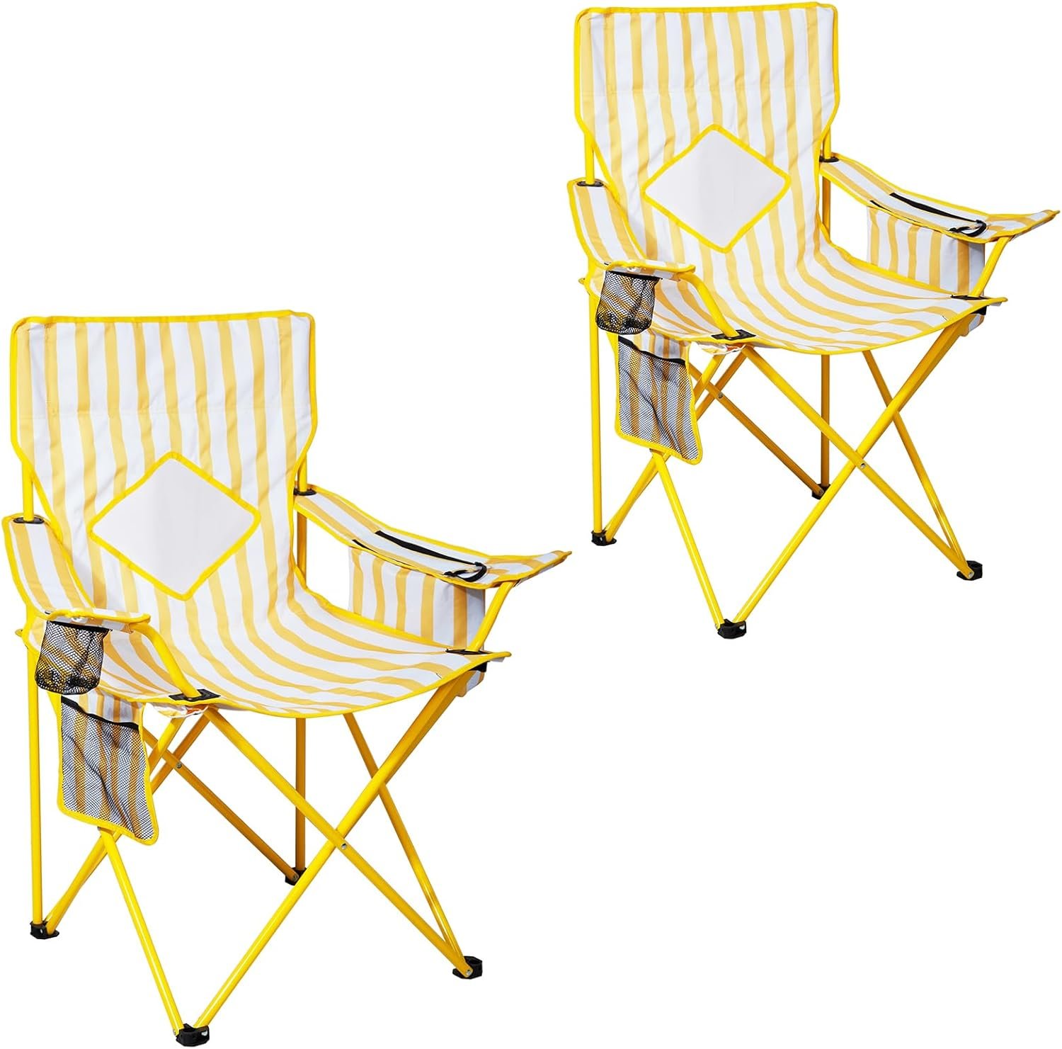 2 Pack Outdoor Camping Chairs Folding/Foldable/Portable with Cooler Pouch, Mesh Backrest and Cup Holder Pocket(Yellow, Metal, 2 Pack)