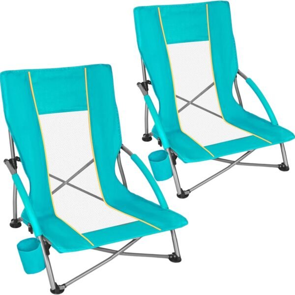 Low Beach Chairs for Adults 2 Pack, Lightweight Folding Sand Chairs with Breathable Mesh Back & Cup Holder, Portable Compact Camping Chairs, 300lbs Capacity,Green