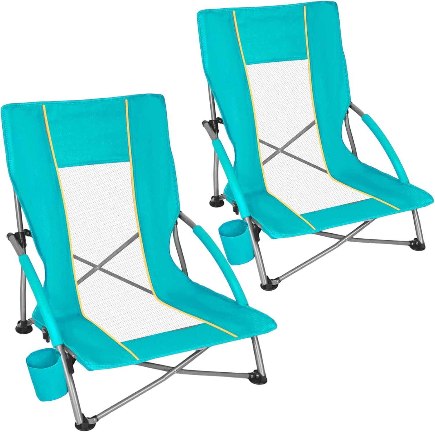 Low Beach Chairs for Adults 2 Pack, Lightweight Folding Sand Chairs with Breathable Mesh Back & Cup Holder, Portable Compact Camping Chairs, 300lbs Capacity,Green