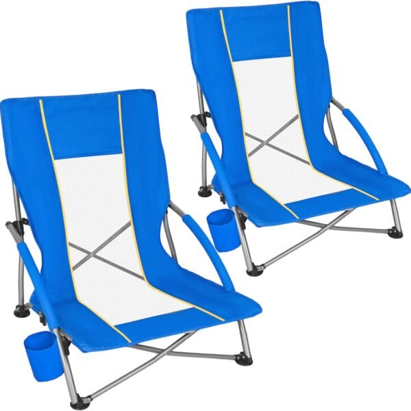 Low Beach Chairs for Adults 2 Pack, Lightweight Folding Sand Chairs with Breathable Mesh Back & Cup Holder, Portable Compact Camping Chairs, 300lbs Capacity,Blue