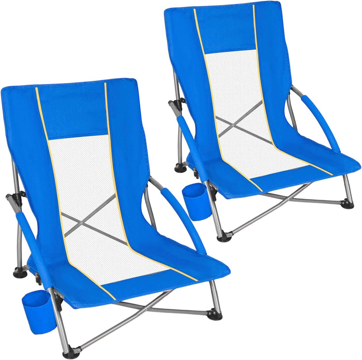 Low Beach Chairs for Adults 2 Pack, Lightweight Folding Sand Chairs with Breathable Mesh Back & Cup Holder, Portable Compact Camping Chairs, 300lbs Capacity,Blue