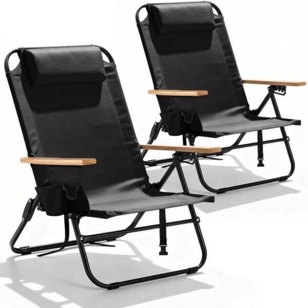 2 Pack Premium 5-Position Reclining Camping Chair - Portable Folding Lightweight Outdoor Chair with Wooden Armrests, Headrest & Pockets, 350lbs Heavy Duty for Beach, Patio, Backyard, Black