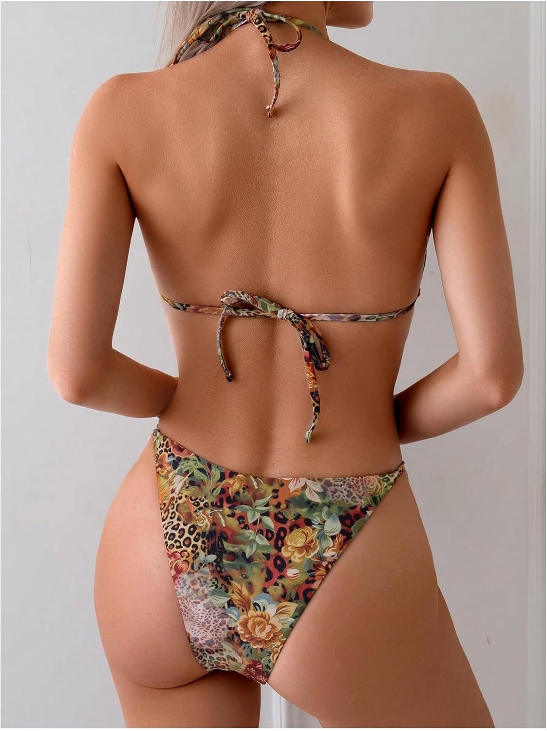 Women's 2 Piece Leopard Floral Bikini Sets Ring Triangle Halter Bathing Suit Tie Back Swimsuit - Image 2