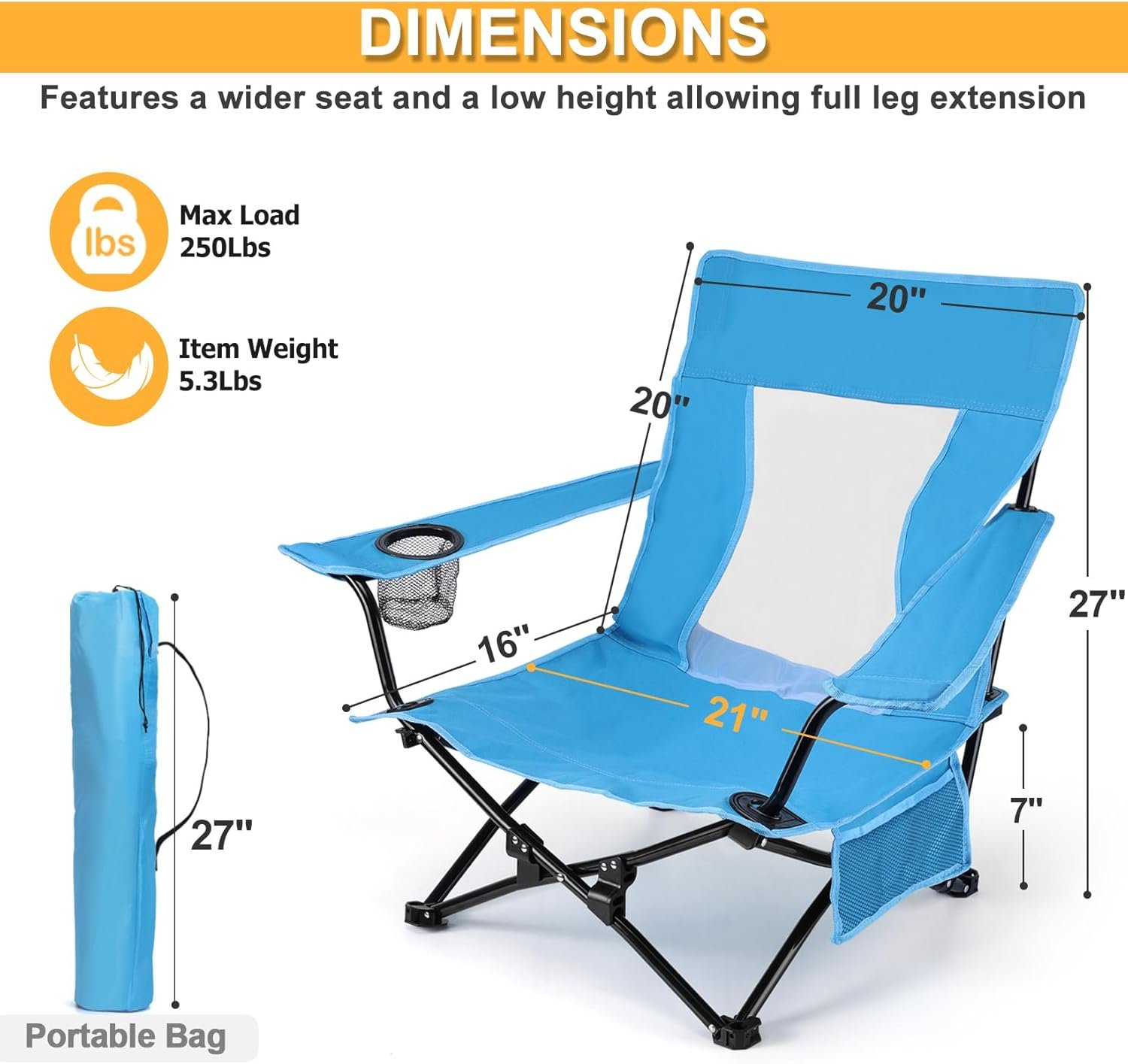 Beach Camping Chair (2 Pack), Folding Chair for Adults (Blue) | Heavy Duty Outdoor Portable Chair with Armrest for Outside Lawn, Sport, Fishing, Cup Holder & Storage Pocket, Carry Bag - Image 2