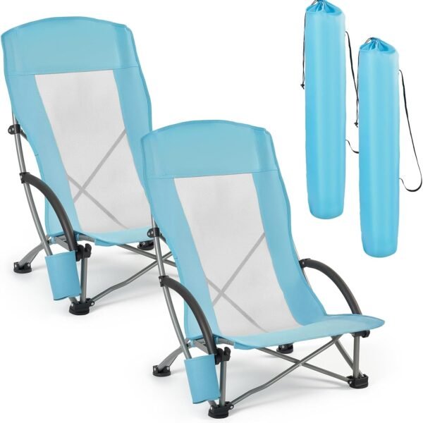 Folding Beach Chair, High Back Camping Chairs for Adults, with Cup Pocket, Mesh Back, Carry Bag, Portable Extra Wide Seat Chair 330 lbs Heavy Duty Support, for Outdoor, Camp, Light Blue, 2 Pack