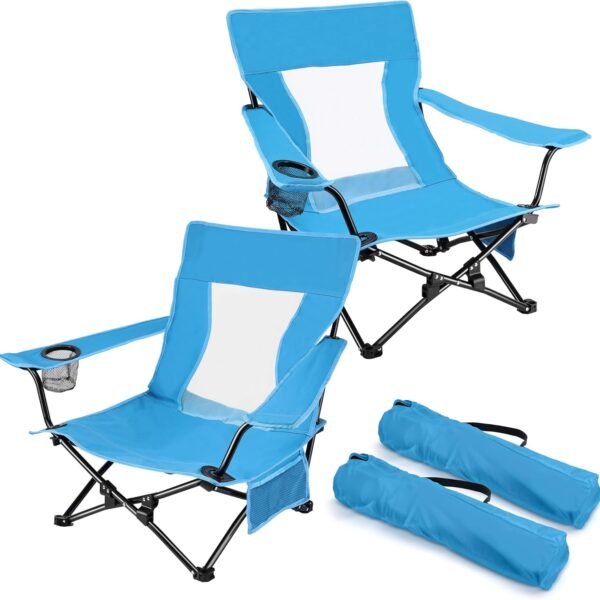 Beach Camping Chair (2 Pack), Folding Chair for Adults (Blue) | Heavy Duty Outdoor Portable Chair with Armrest for Outside Lawn, Sport, Fishing, Cup Holder & Storage Pocket, Carry Bag