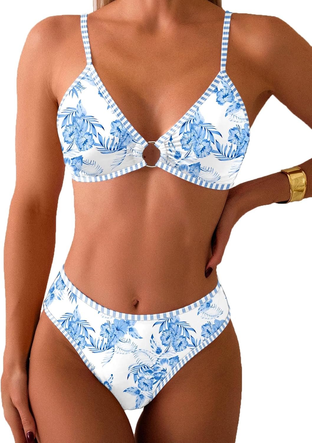 Women's Triangle Bikini Sets O Ring Linked Two Piece Swimsuits Floral Printed Cheeky Bathing Suit