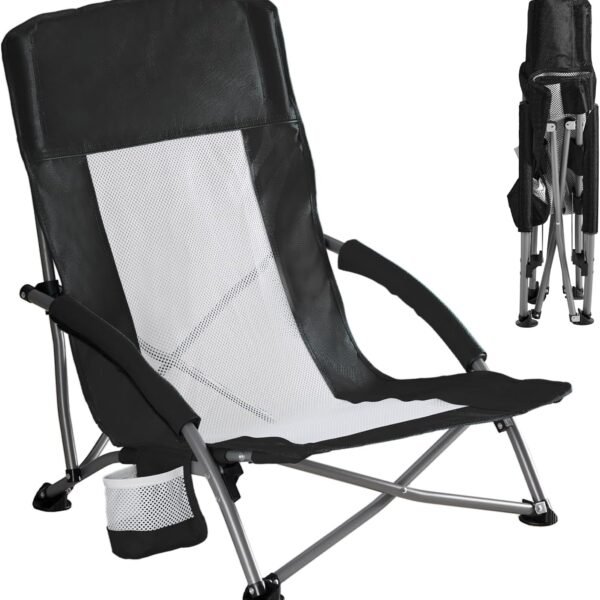 Folding Camping Beach Chair, Lightweight Low Portable Profile Lawn Beach Chair with Cup Holder, Storage Pocket, Breeze Mesh Back, Padded Armrests Camp, Picnic, Lawn, Sand, Black
