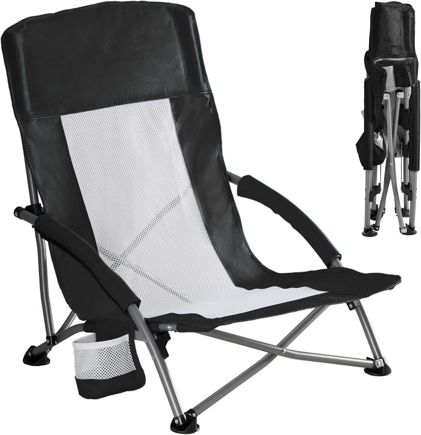 Folding Camping Beach Chair, Lightweight Low Portable Profile Lawn Beach Chair with Cup Holder, Storage Pocket, Breeze Mesh Back, Padded Armrests Camp, Picnic, Lawn, Sand, Black