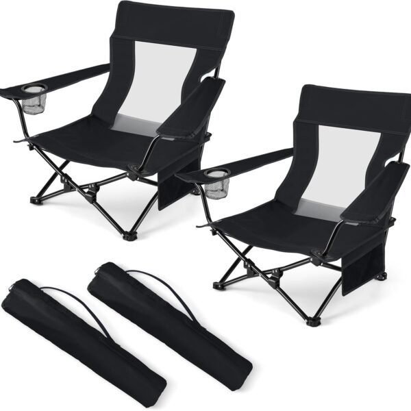 Folding Beach Chair Set of 2, Foldable Black Camping Chairs for Outside, Low Beach Chair Portable for Adults Fishing, Picnic, Outdoor BBQ, Travel, Sports, Cup Holder & Storage Bag