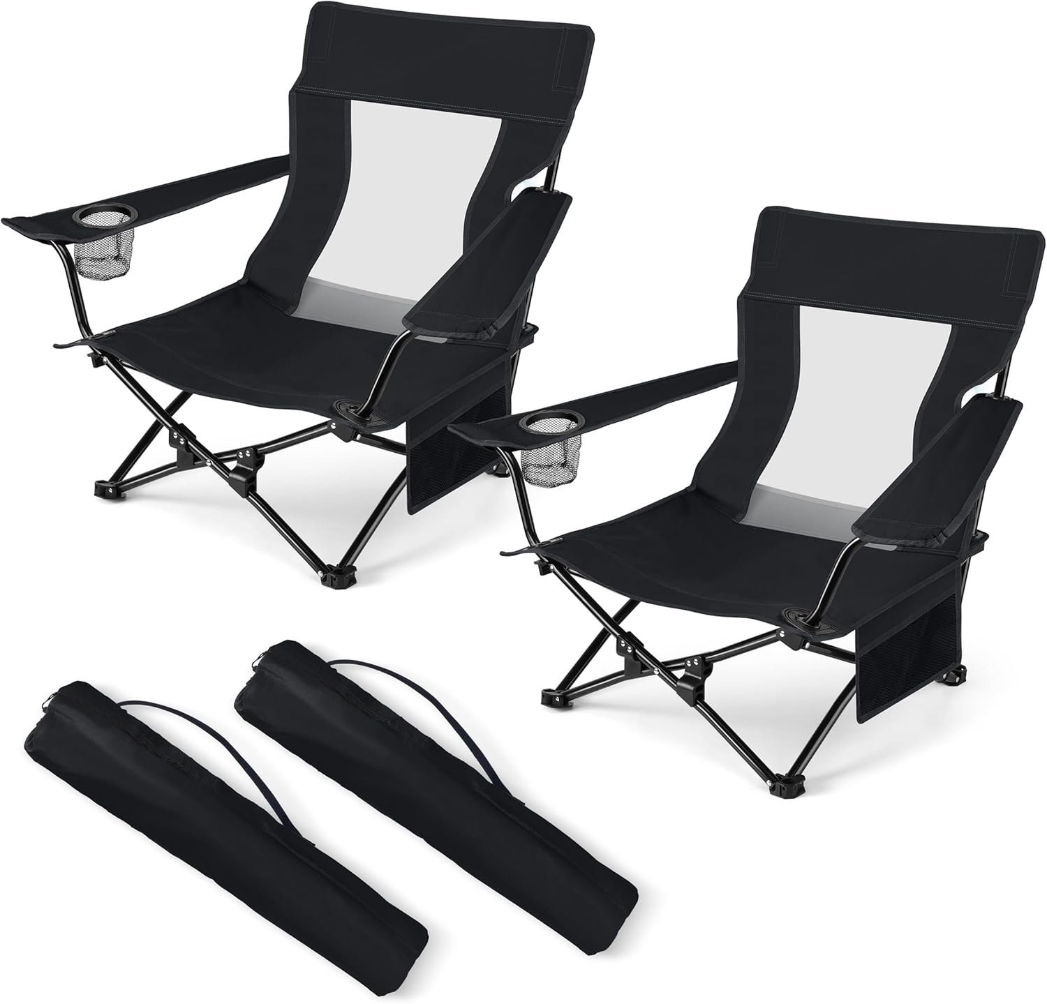 Folding Beach Chair Set of 2, Foldable Black Camping Chairs for Outside, Low Beach Chair Portable for Adults Fishing, Picnic, Outdoor BBQ, Travel, Sports, Cup Holder & Storage Bag