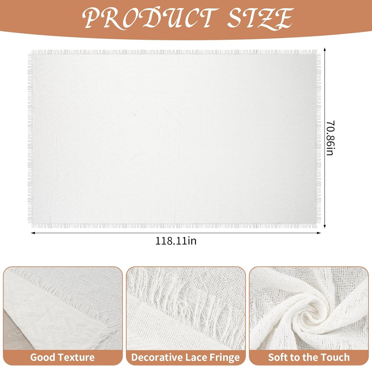 Extra Large Outdoor Picnic Blanket 118" x 71" Oversize Woven Cotton Yarn Beach Blanket with Fringe, Machine Washable Portable Blanket for Camping, Beach, Park, Fits 6 to 9 Adults (White) - Image 2