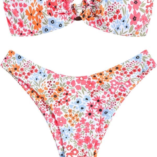 Women's Bandeau Bikini O Ring Strapless Tie Back High Cut Two Piece Swimsuit Bathing Suits