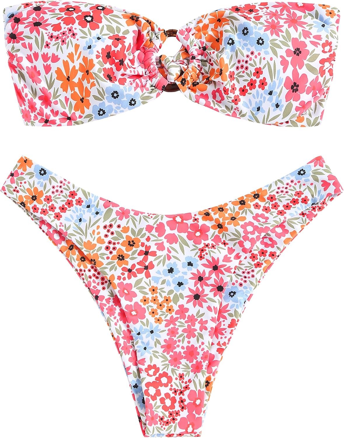 Women's Bandeau Bikini O Ring Strapless Tie Back High Cut Two Piece Swimsuit Bathing Suits