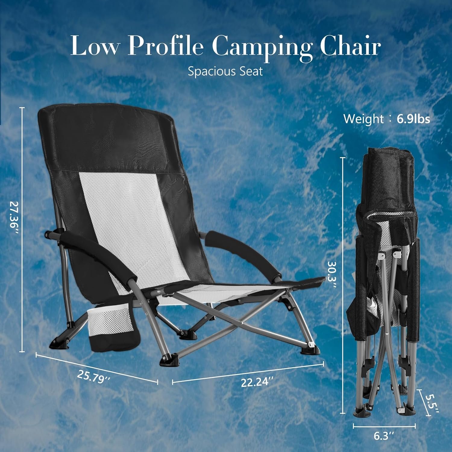 Folding Camping Beach Chair, Lightweight Low Portable Profile Lawn Beach Chair with Cup Holder, Storage Pocket, Breeze Mesh Back, Padded Armrests Camp, Picnic, Lawn, Sand, Black - Image 2