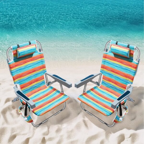 Backpack Beach Chairs for Adults 2 Pack Portable, Lay Flat Reclining Beach Chairs with 5 Positions, Tall Heavy Duty Folding Chair with Cup Holder, Cooler Pouch, Towel Bar, Multicolor Stripe