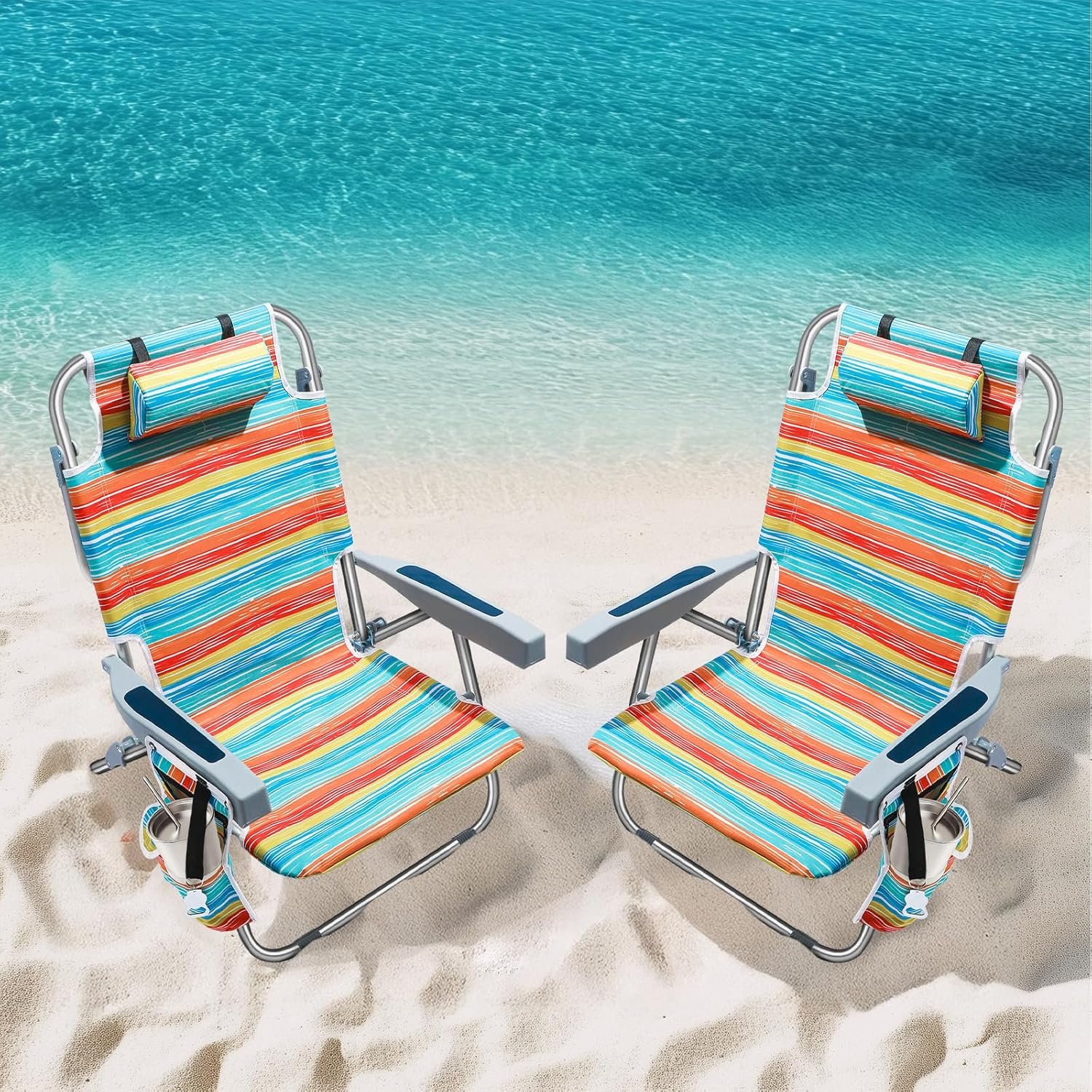 Backpack Beach Chairs for Adults 2 Pack Portable, Lay Flat Reclining Beach Chairs with 5 Positions, Tall Heavy Duty Folding Chair with Cup Holder, Cooler Pouch, Towel Bar, Multicolor Stripe