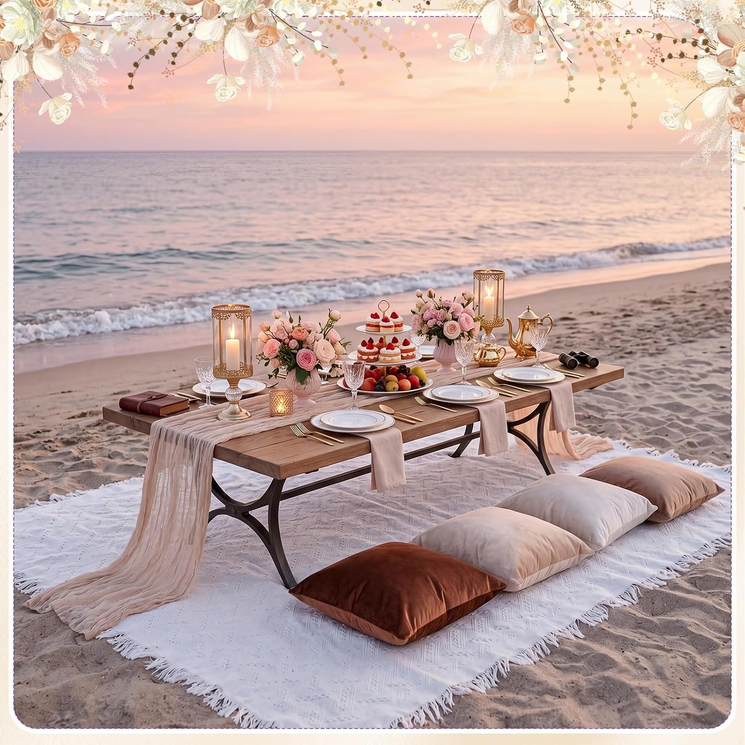 10 Pcs 71''x102'' Extra Large White Outdoor Boho Picnic Blanket with Table Runner and 8 Throw Pillow Covers Oversized Washable Portable Beach Blanket for Picnic Camp Lawn Wedding - Image 2