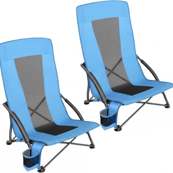 Set of 2 Portable Beach Chairs for Adults, Max. Load 330 lb Each, High Backrest, Cup Holder, Lightweight, Heavy-Duty, Light Blue