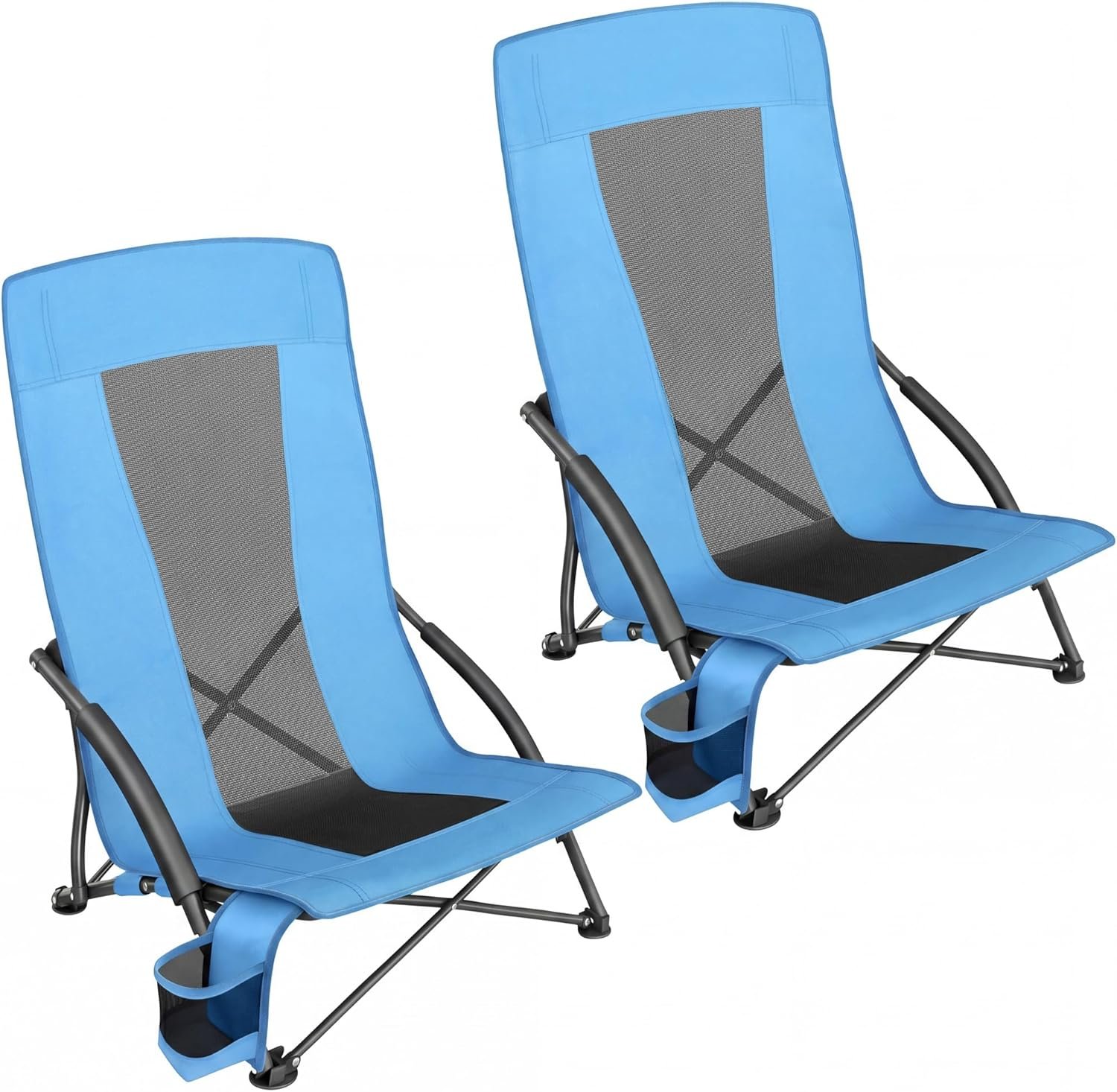 Set of 2 Portable Beach Chairs for Adults, Max. Load 330 lb Each, High Backrest, Cup Holder, Lightweight, Heavy-Duty, Light Blue