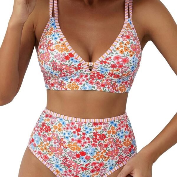 Women's 2 Piece Floral Print Bikini Sets V Neck Stitch Swimsuits High Waisted Bathing Suit Beach Summer Swimwear