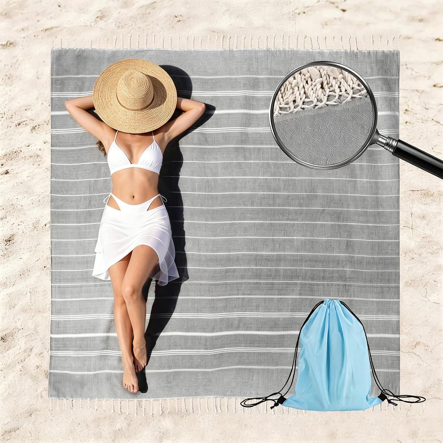 79in Oversized Turkish Beach Towel Blanket Large Big Boho Woven Polyester Sandproof Towels Plus Picnic Blanket for Seaside Swimming Pool Camping Travel Household Blanket Things