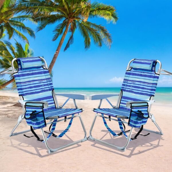2 Pack Backpack Beach Chairs for Adults, Mid-Height Foldable Chair with Lay Flat Position, 4-Position Adjustable Reclining, Towel Bar, Zipper Pouch & Cup Holder, Blue Ocean