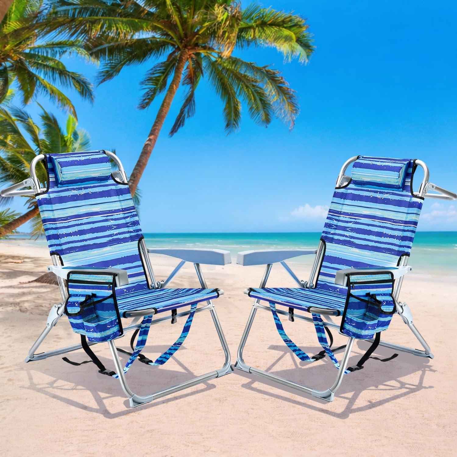 2 Pack Backpack Beach Chairs for Adults, Mid-Height Foldable Chair with Lay Flat Position, 4-Position Adjustable Reclining, Towel Bar, Zipper Pouch & Cup Holder, Blue Ocean