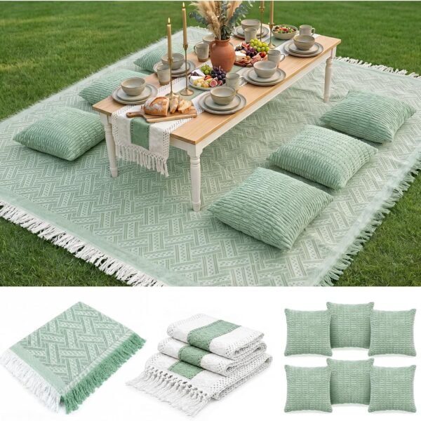 Extra Large Outdoor Rug Boho Picnic Blanket with Table Runner and 6 Throw Pillows Covers for Outdoor Essentials Beach Accessories Basket Set Oversized Manta Yard Outside Mat Wedding Party Decor
