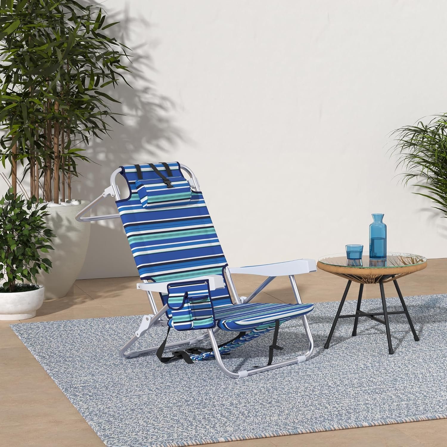 Beach Chairs for Adults Heavy Duty, Compact Portable Lay Flat Folding Chair with Backpack Straps and Large Cooler Pouch, Support to 350LBS (Stripes_Blue&Cyan) - Image 2
